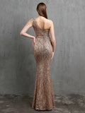 Women Beads Party Maxi Dress Elegant One Shoulder Gold Long Sequin Evening Dress