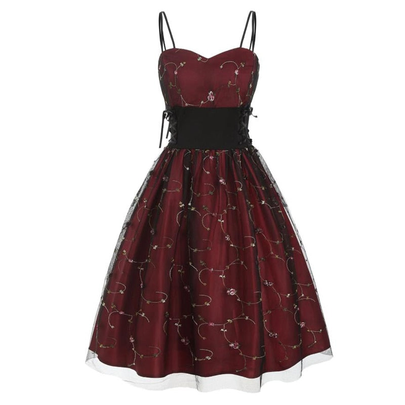 Mesh Embroidery Lace Up Side High Waist Slim Vintage Fit and Flare Elegant Party Pleated Retro Cami Dress