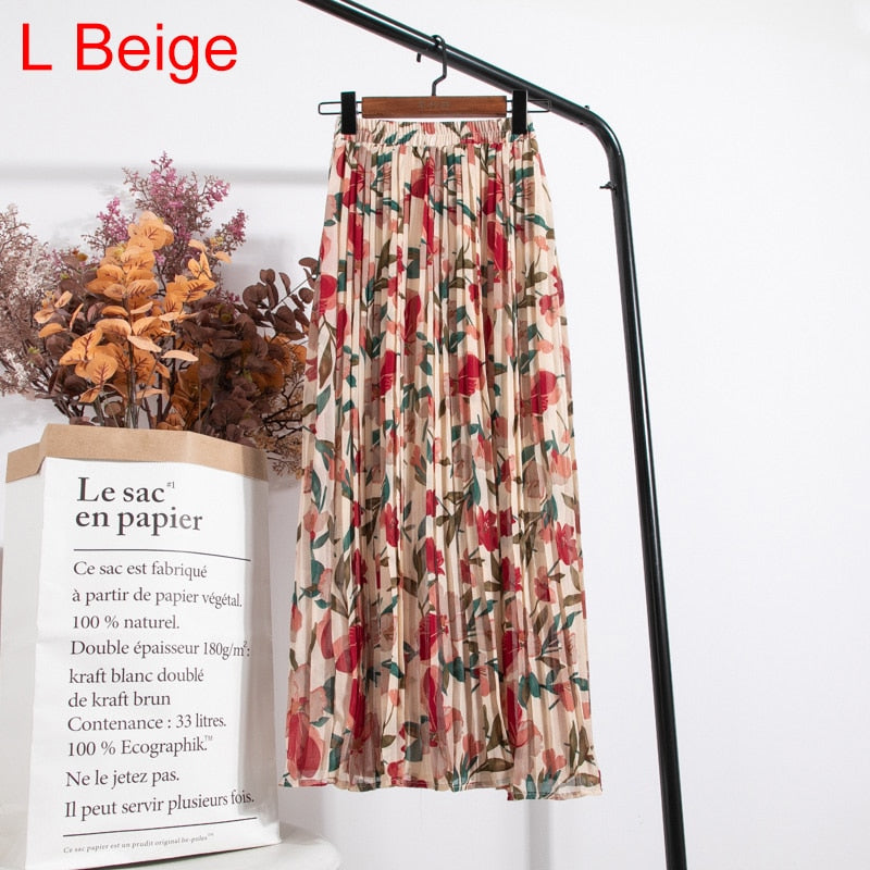 High Waist Floral Print Mid Calf Long Pleated Women Summer Vintage Elegant Chiffon Midi Skirt