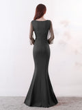 Black Formal Muslim Evening Dress Long Sleeve Zipper Back O-neck Empire Party Gowns Elegant Floor-length Beading Prom Dress