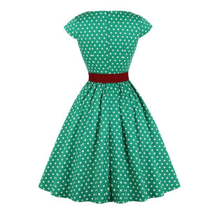 Green Retro Polka Dot 1950s Rockabilly Pleated Belted Cap Sleeve Summer Women High Waist Vintage Dress