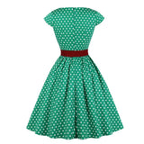 Green Retro Polka Dot 1950s Rockabilly Pleated Belted Cap Sleeve Summer Women High Waist Vintage Dress