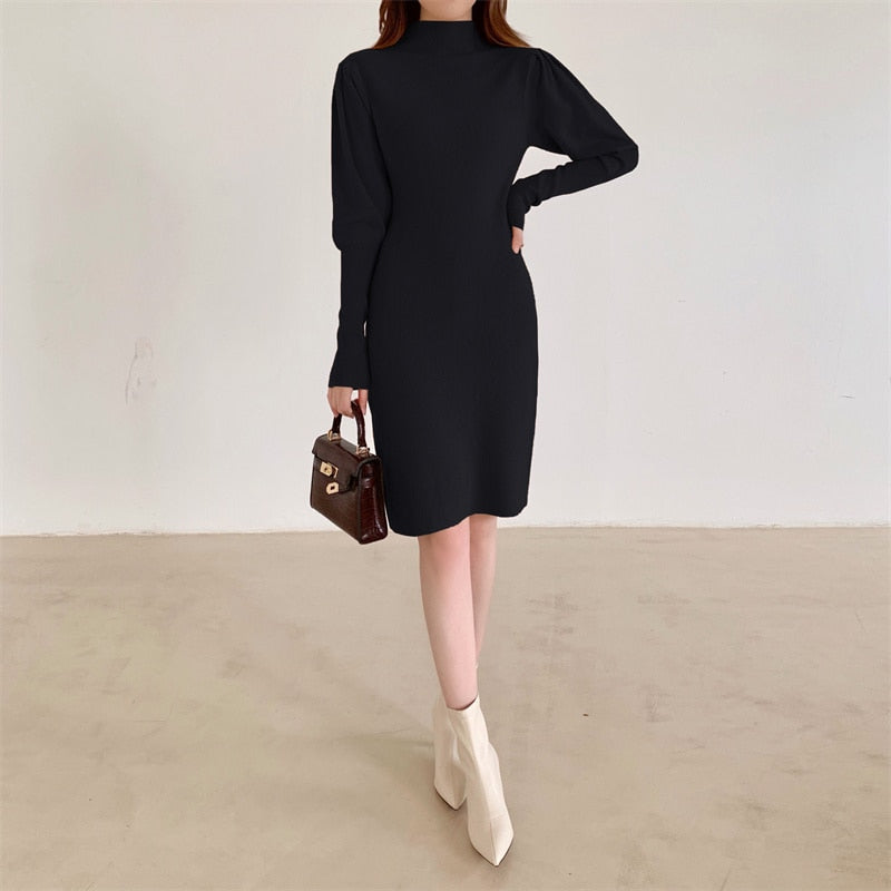 Autumn Winter Fashion Sexy Half High Neck Women's Mini Knit Dress Casual Bodycon Solid Long Sleeve Ladies Dress