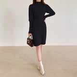 Autumn Winter Fashion Sexy Half High Neck Women's Mini Knit Dress Casual Bodycon Solid Long Sleeve Ladies Dress