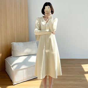 Autumn Winter Women's Long-Sleeved Sweater Outwear Cardigan Suit Collar Singles Breasted Knitted A-line Dress