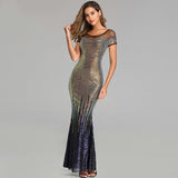 Backless Long Sequin Cocktail Dress Elegant Gold Evening Party Dress Sexy Mermaid Short Sleeve Prom Dress Beauty Robe De Soiree