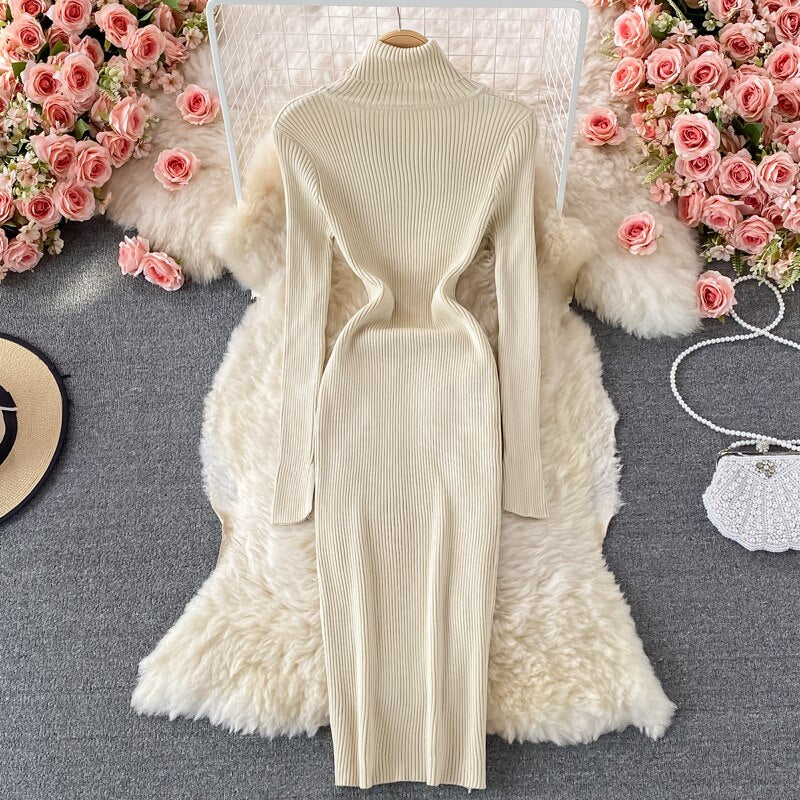 Autumn Winter Midi Dresses For Women Turtleneck Long Sleeve Solid Elegant Ribbed Knitted Dress Sexy Bodycon Dress