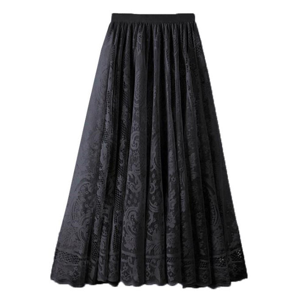 Long Boho Vintage Lace Pleated Korean Summer Solid White A-Line Maxi Skirt
