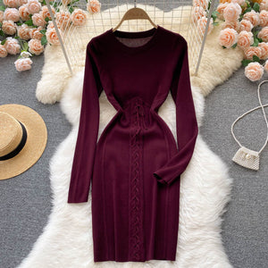 Autumn Winter Dress Women Clothing Crew Neck Long Sleeve Knitted Dress Front Lace Up Night Club Sexy Bodycon Dress