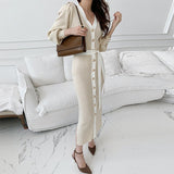 Autumn Winter Elegant Office Single Breasted Cardigan Sweater Dress With Belt Sexy Knitted Bodycon Midi Dress Women
