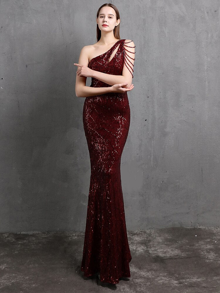 Women Beads Party Maxi Dress Elegant One Shoulder Gold Long Sequin Evening Dress