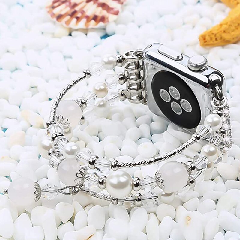 Diamond Jewelry Strap For Apple Watch 7 41mm 45mm Band 38/42mm Women Pearl Elastic Belt For iWatch Bands SE 6 5 40/44mm Bracelet