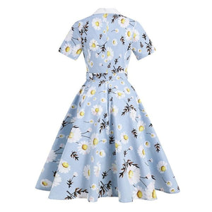 Notched Collar Daisy Elegant 1950s Vintage Belted Midi Short Sleeve Button Front Floral Swing Dress