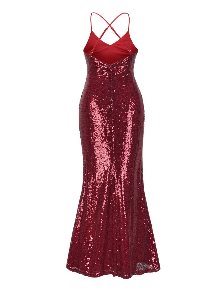 Backless Mermaid Shining Evening Dress Sequinde Formal Dress Sexy Sleeveless Suspenders Prom Gown V-neck Robe