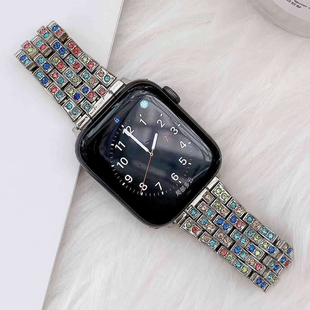 For Apple Watch 6 5 4 3 2 1 SE Women Style Watch Band Colored Five Beads Diamond Strap For iWatch 44mm 40mm 42mm 38mm Bracelet