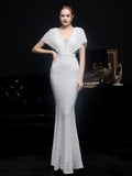 Women Gold Sequin Dress V Neck Beaded Party Maxi Elegant Evening Dress