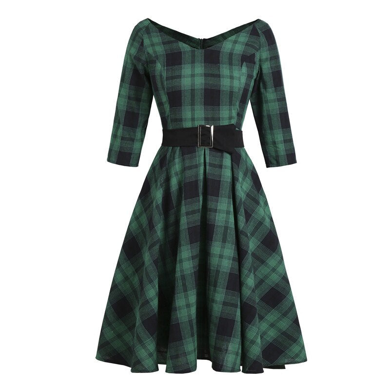 Green Plaid Elegant 1950s Style Vintage Robe V Neck High Waist Dress 3/4 Length Sleeve Women Retro Clothes Midi Dresses