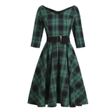 Green Plaid Elegant 1950s Style Vintage Robe V Neck High Waist Dress 3/4 Length Sleeve Women Retro Clothes Midi Dresses