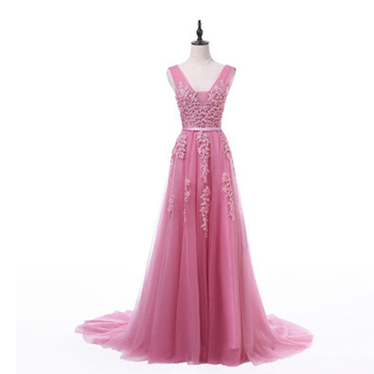 Sexy V-neck Evening Dress Robe De Soiree Tulle With Applique Party Dress Lace Beading Floor-length Prom Dress Bride Banquet Eleg