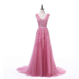Sexy V-neck Evening Dress Robe De Soiree Tulle With Applique Party Dress Lace Beading Floor-length Prom Dress Bride Banquet Eleg