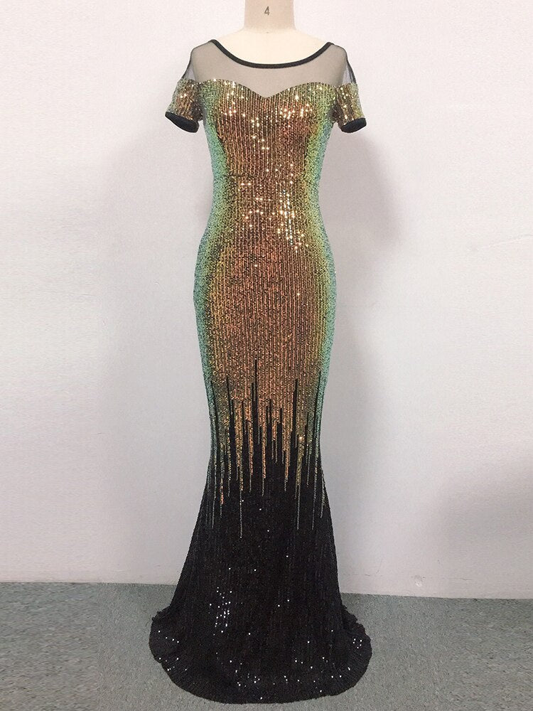 Backless Long Sequin Cocktail Dress Elegant Gold Evening Party Dress Sexy Mermaid Short Sleeve Prom Dress Beauty Robe De Soiree