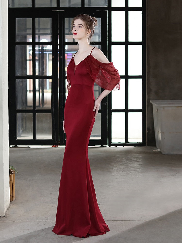 Bishop Sleeve Off The Shoulder V Neck Evening Dress Mermaid Backless Gowns Taffetal Elegant Party Robes Women Occation Vestidoes