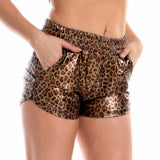 Women Skinny PU Leather Silver Leopard Shorts Summer Shiny Elastic Waist Metallic Booty Club Rave Festival HotPants Bottoms