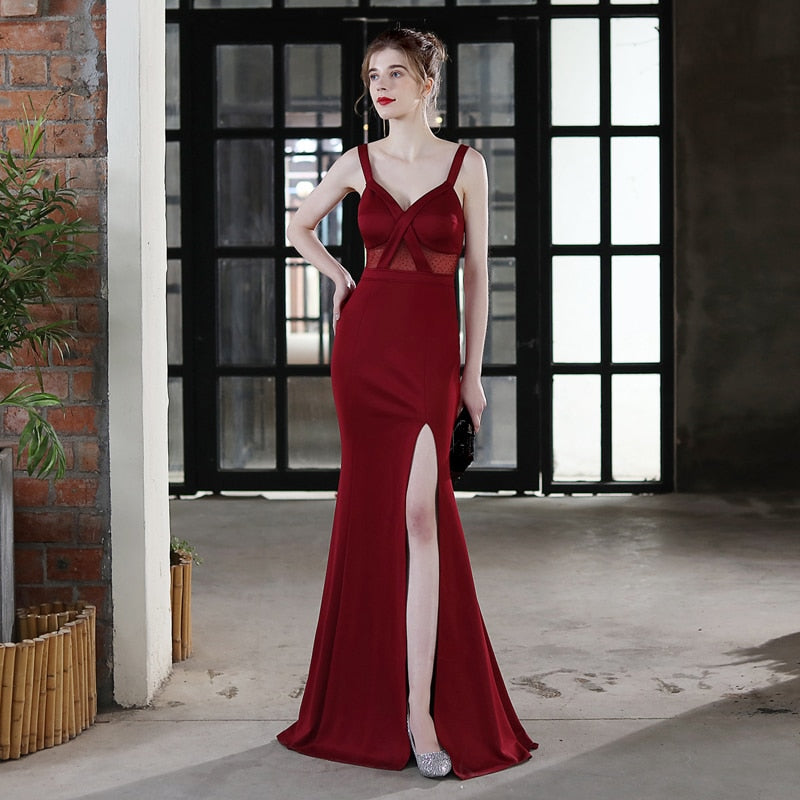 Sexy Slit Evening Dress Women's Black Strap Dress Party Maxi Dress WIth Beading