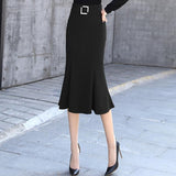 Women High Waist Trumpet Summer Mid-length Solid Color Bag Hip Ruffle Hem Vintage Korean Skirt