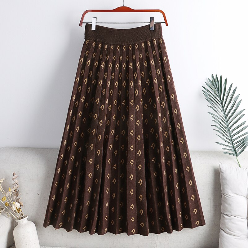High Waist Fall Winter Letter Knitted Pleated Skirts Elastic Waist A Line Casual Midi Skirt