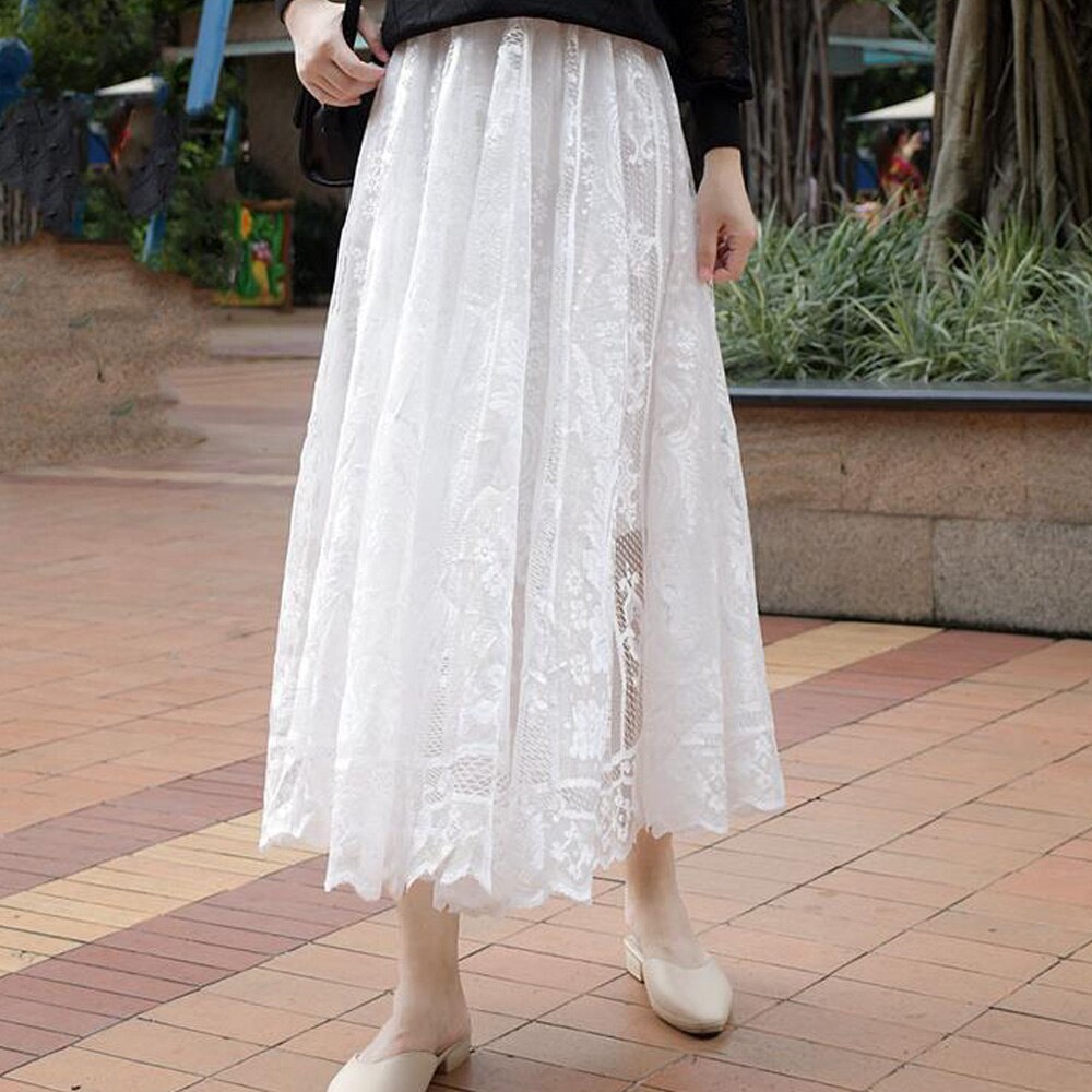 Long Boho Vintage Lace Pleated Korean Summer Solid White A-Line Maxi Skirt