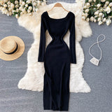 Autumn Winter Elegant Square Neck Long Sleeve Ribbed Knitted Dress Sexy Slit Bodycon Midi Dress