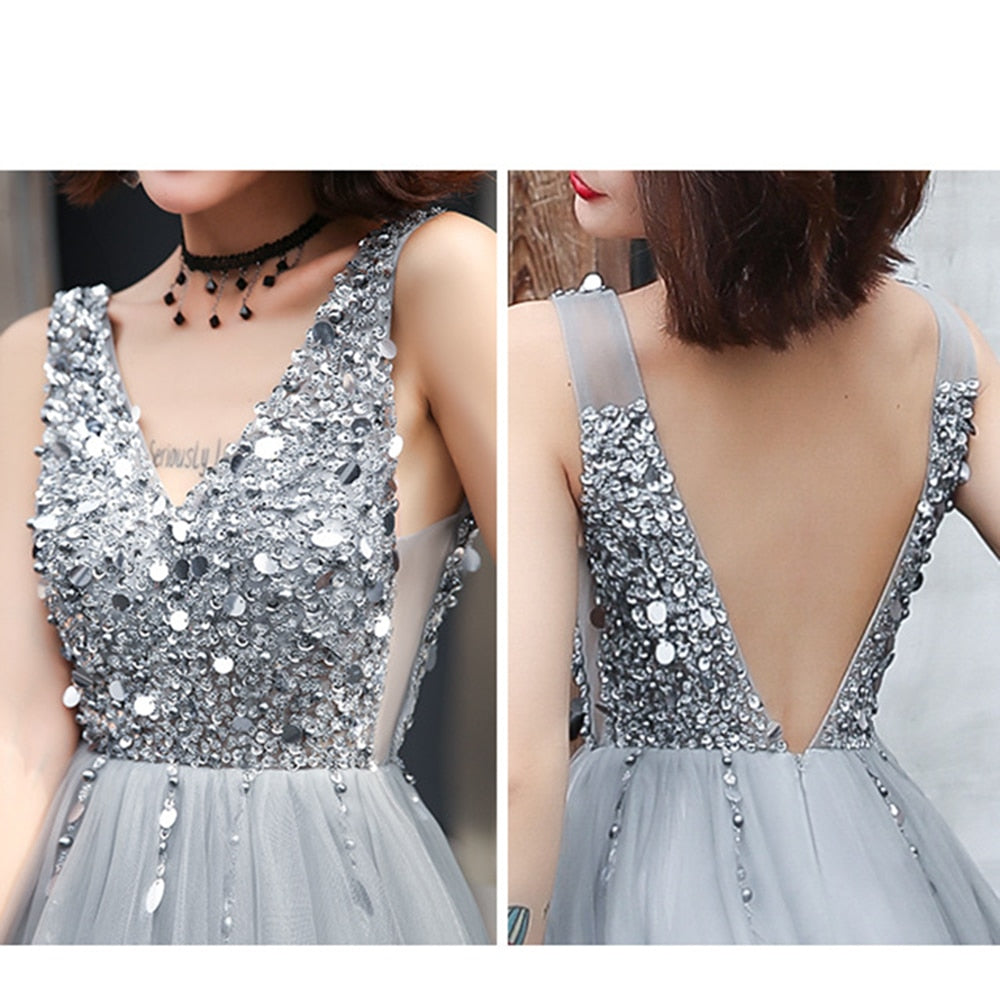 V-Back Beading Evening Dress A-line Tulle Sequins Prom Dress Sleeveless Long Party Dress Silver Grey Homecoming Dress Champagne