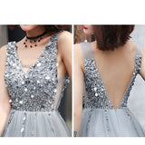 V-Back Beading Evening Dress A-line Tulle Sequins Prom Dress Sleeveless Long Party Dress Silver Grey Homecoming Dress Champagne