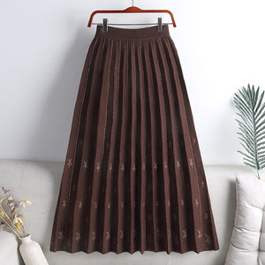 Elastic High Waist Casual Pleated Skirt A Line Elegant Star Patterned Knitted Skirt