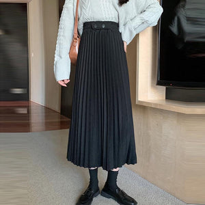 Women Casual Pleated Skirts Spring Korean Style All-match Vintage Woolen Ladies High Waist A-line Long Skirt
