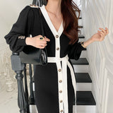 Autumn Winter Elegant Office Single Breasted Cardigan Sweater Dress With Belt Sexy Knitted Bodycon Midi Dress Women