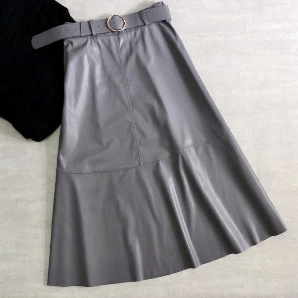 Women Office Midi Elegant High Waist A-Line Skirt Korean Style Green Office OL Skirt