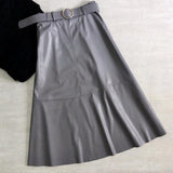Women Office Midi Elegant High Waist A-Line Skirt Korean Style Green Office OL Skirt