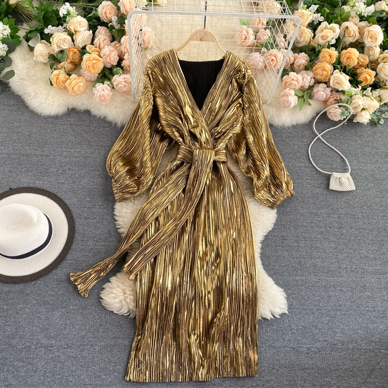 Women Vintage Clothes Gold Shimmer Pleated Elegant Belted Midi Dress Sexy Deep V Neck Evening Party Dress