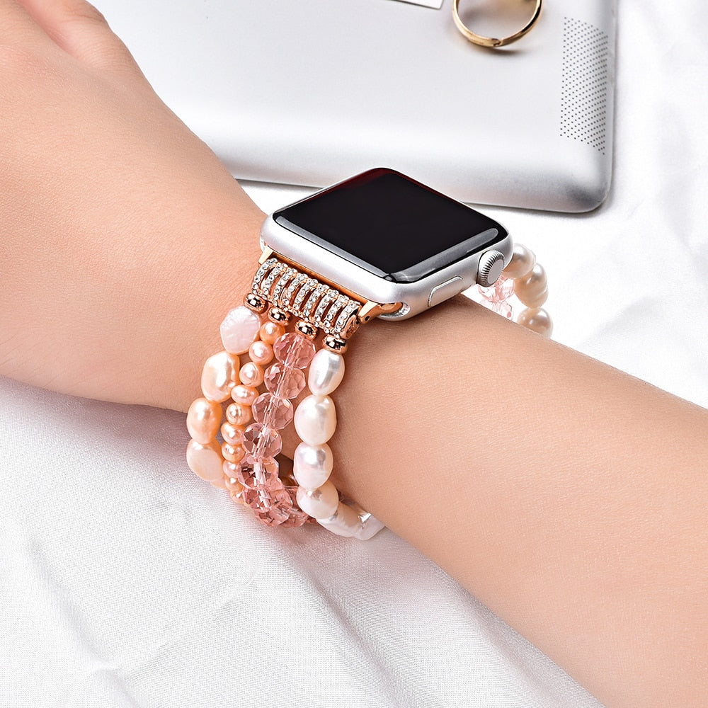 Bracelet For Apple Watch Se 44mm Strap Correa Woman Bling Pearl Beads Elastic Iwatch 3 Bands 38mm 40mm Wristband Accessories