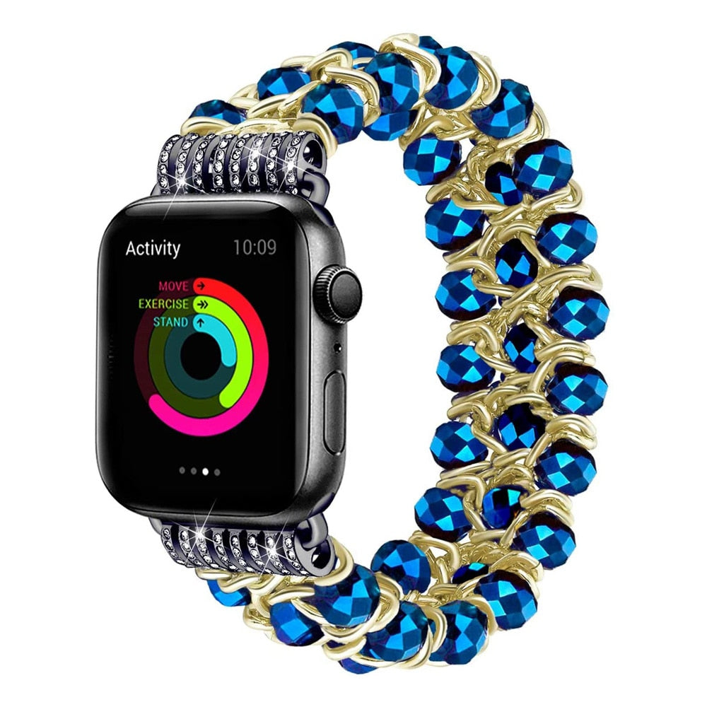 Blue Crystal Strap for Apple Watch Bracelet 38mm 40mm 42mm 44mm Beads Iwatch SE 6 5 4 3 Band with Metal Chain Women Girl Elastic