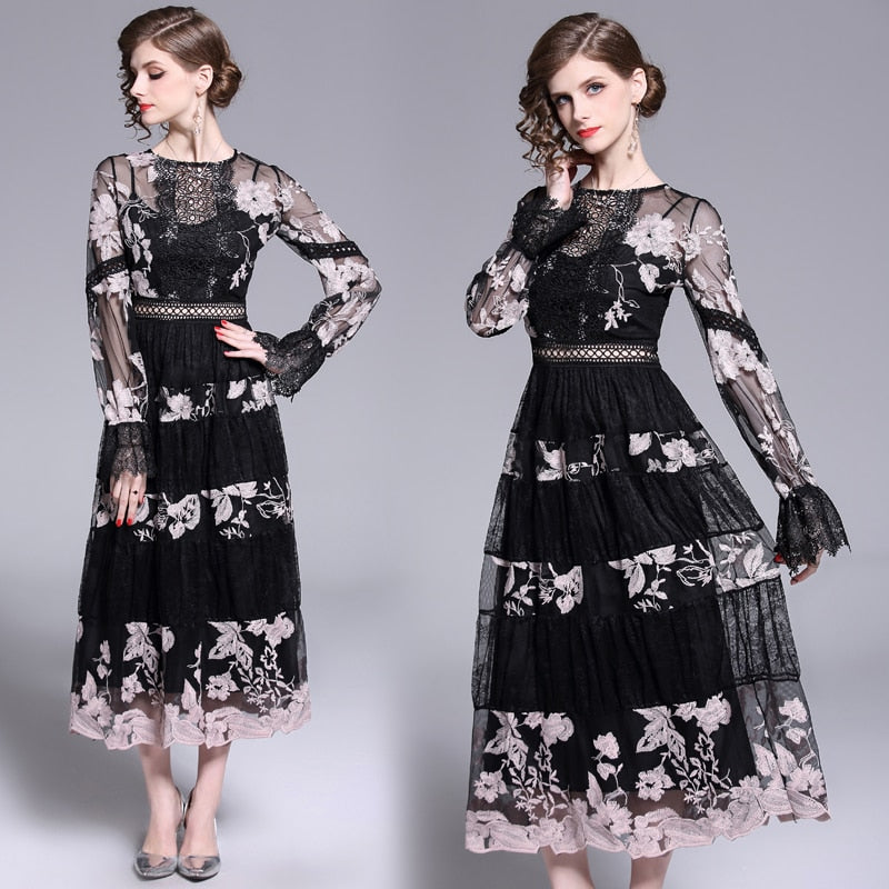 Banulin Fashion Runway Dress Spring Autumn Women's Dress O-Neck Flare Sleeve Flowers Embroidery Elegant Lace Long Dresses