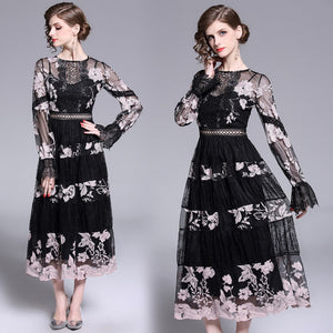 Banulin Fashion Runway Dress Spring Autumn Women's Dress O-Neck Flare Sleeve Flowers Embroidery Elegant Lace Long Dresses