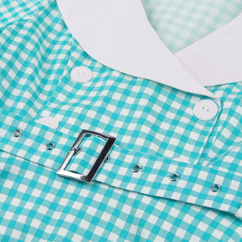 Gingham Print High Waist Women Vintage A Line Midi Cotton Fabric Double Breasted 1950S Rockabilly Plaid Dress
