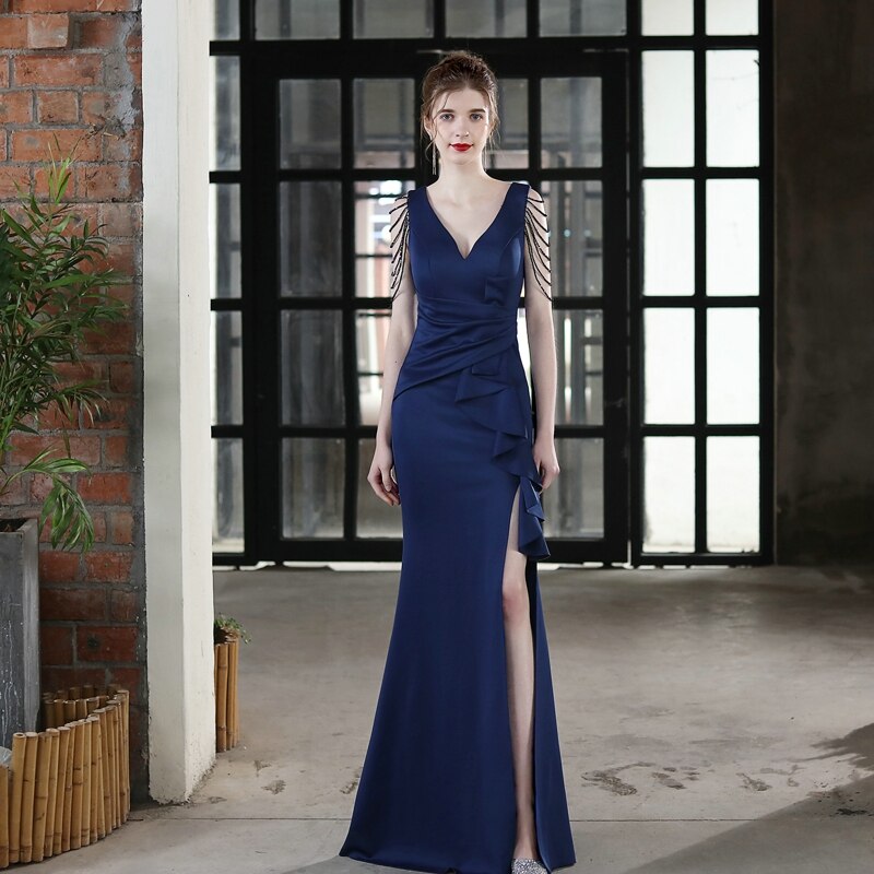 Soft Satin V Neck Beading Evening Dress Candy Color Women Sexy Slit Party Maxi Dress