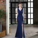 Soft Satin V Neck Beading Evening Dress Candy Color Women Sexy Slit Party Maxi Dress