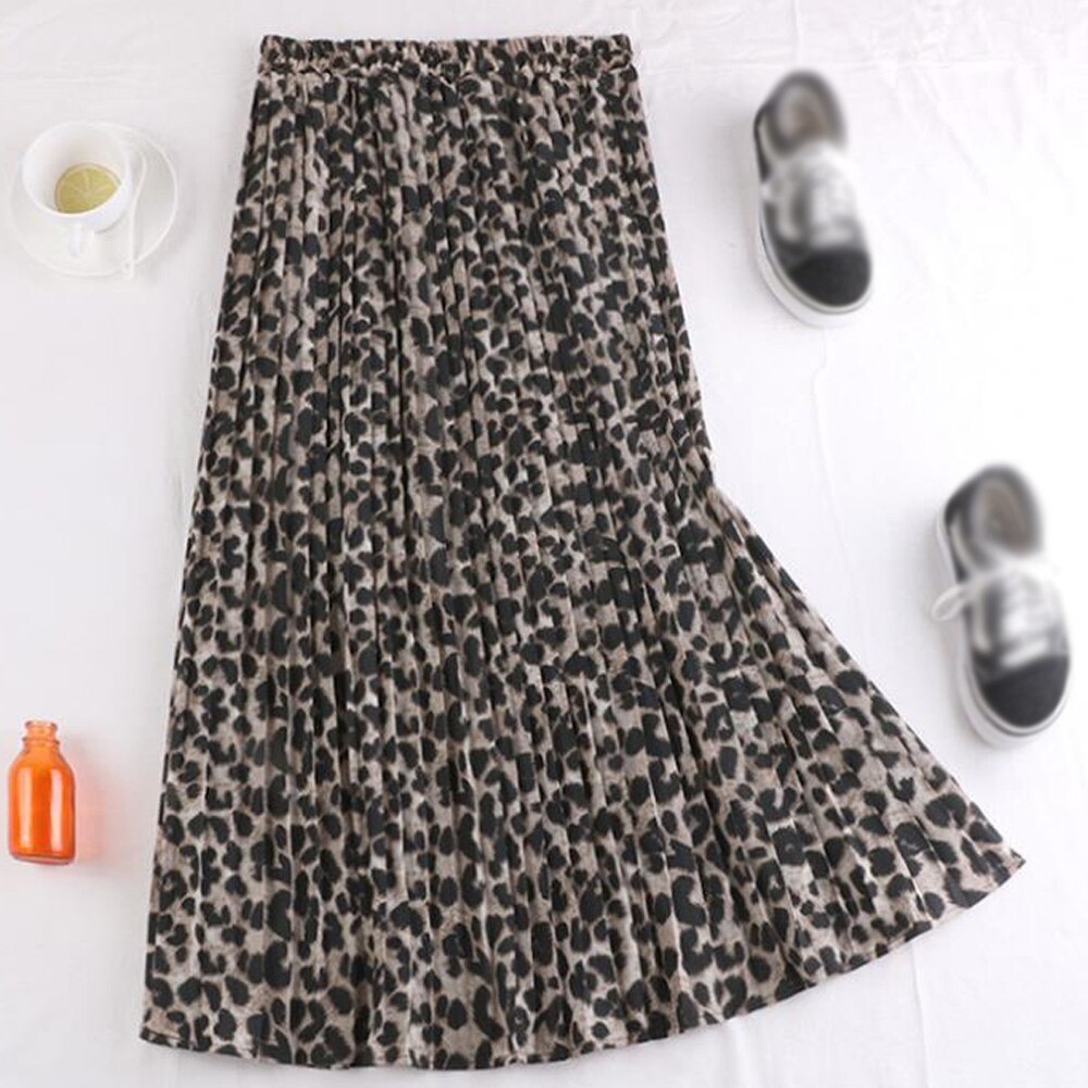 Summer High Waist A-Line Pleated Long Vintage Women Elegant Leopard Snake Printed Maxi Skirt