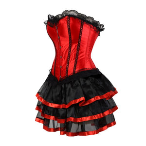 Women Sexy Striped Corset Dress Vintage Lace Trim Waist Cincher Overbust Corset Bustier Top With Mini Tutu Skirt Set Plus Size