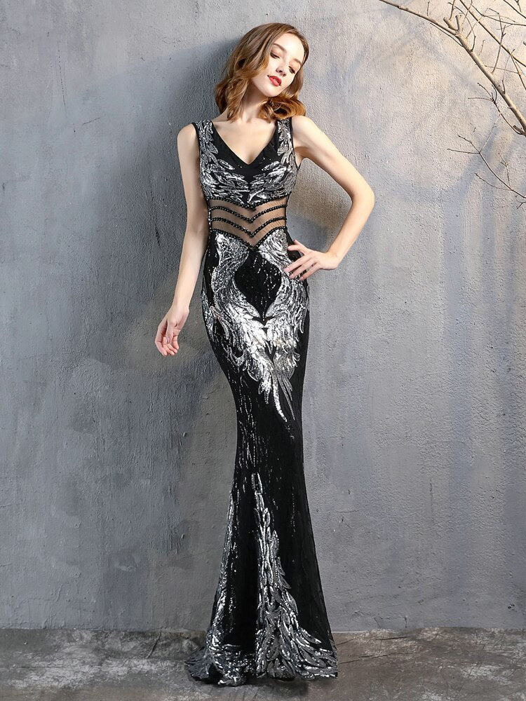 New Sequins Evening Dress Women See-through Beads Long Party Dreess